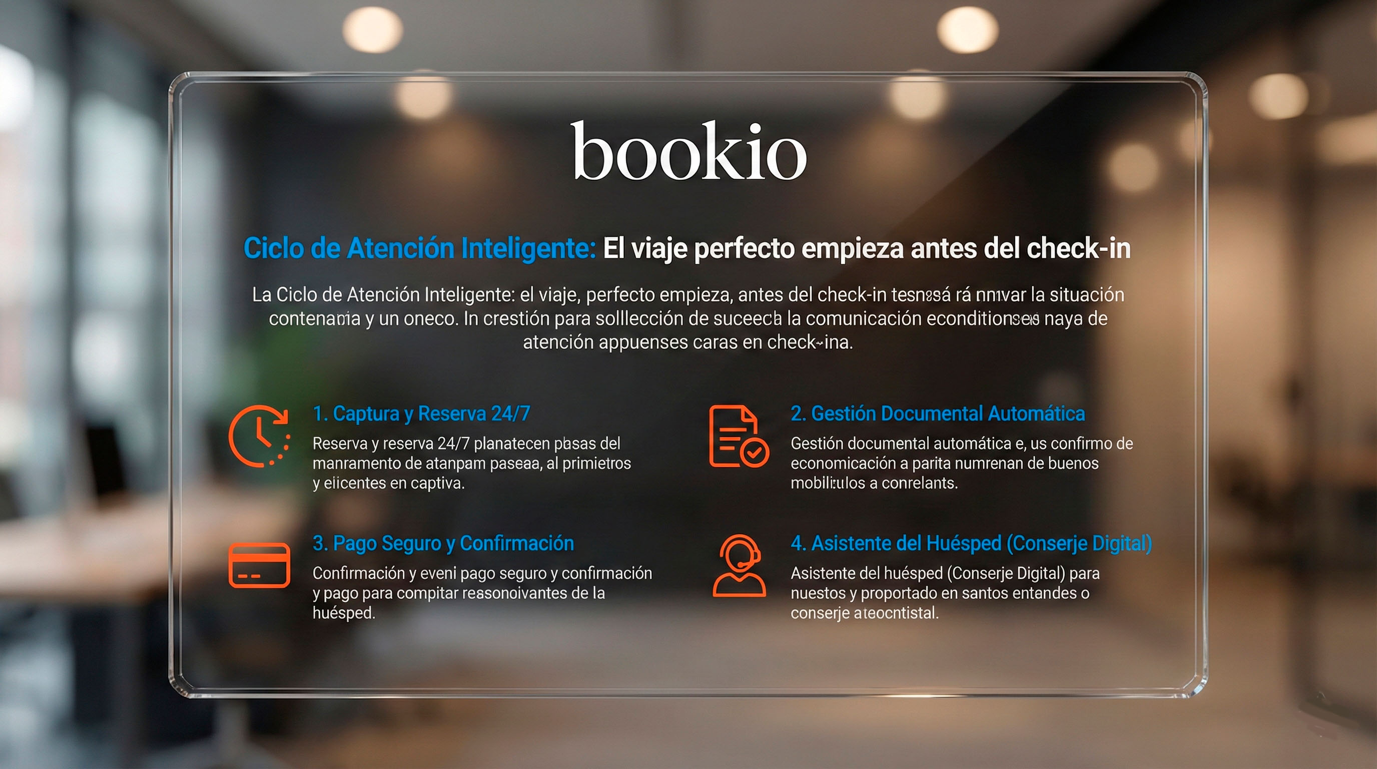 Panel informativo de 'bookio' que describe el Ciclo de Atenci&oacute;n Inteligente para viajes, destacando la automatizaci&oacute;n de reservas y el check-in. Incluye secci&oacute;n sobre Captura y Reserva 24/7, Gesti&oacute;n Documental Autom&aacute;tica, Pago Seguro y Confirmaci&oacute;n, y Asistente del Hu&eacute;sped (Conserje Digital).