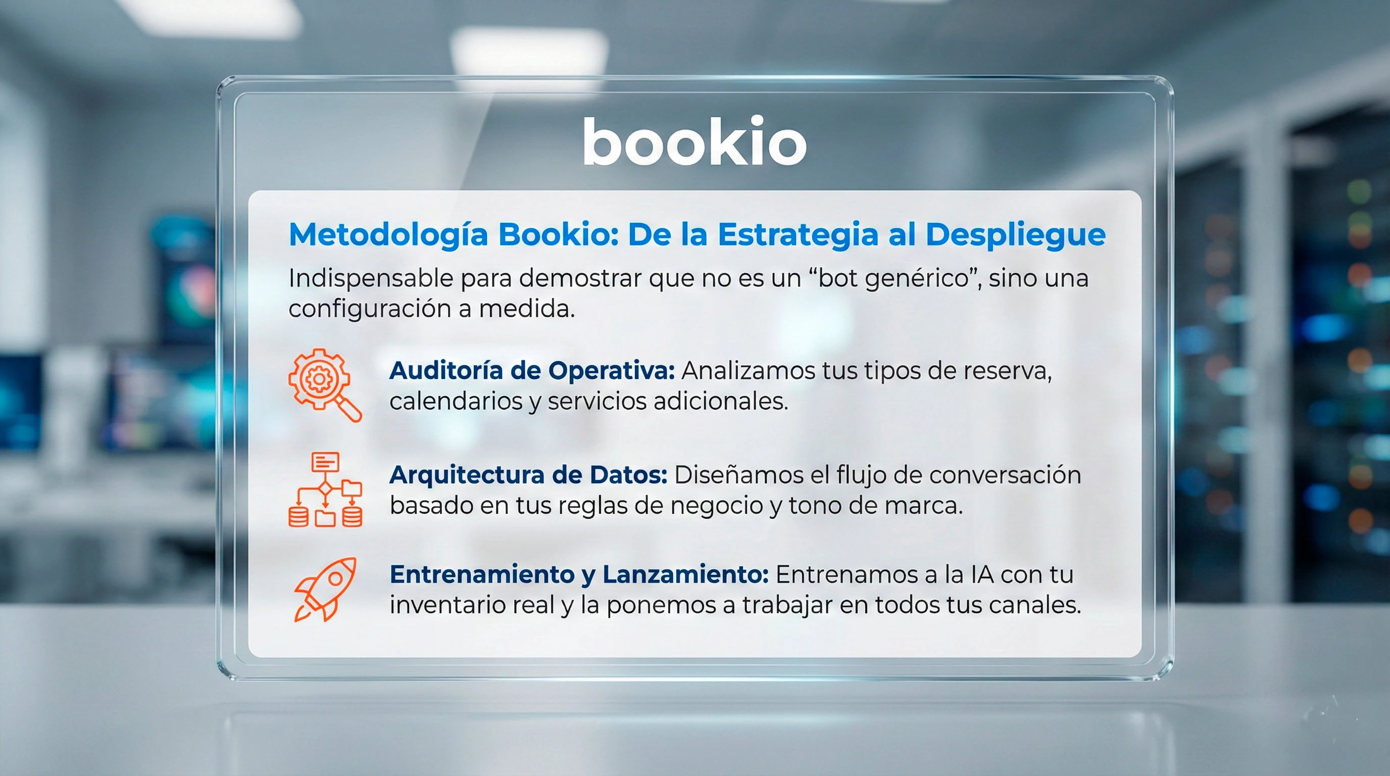 Imagen de una pantalla que muestra la 'Metodolog&iacute;a Bookio: De la Estrategia al Despliegue' en un entorno de oficina moderna. Se destacan tres pasos clave: Auditor&iacute;a de Operativa, Arquitectura de Datos y Entrenamiento y Lanzamiento, relacionados con la automatizaci&oacute;n de reservas y check-in en viajes y alojamiento.